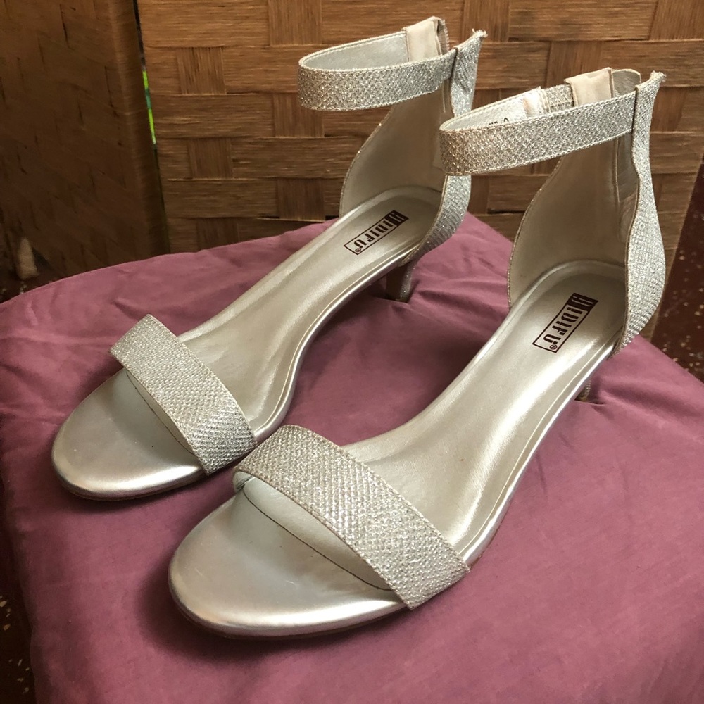 Sparkly silver two strap heels